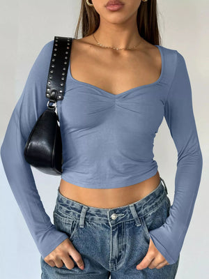 Long Sleeve Sweetheart Neck Crop T-Shirt - StyleLure