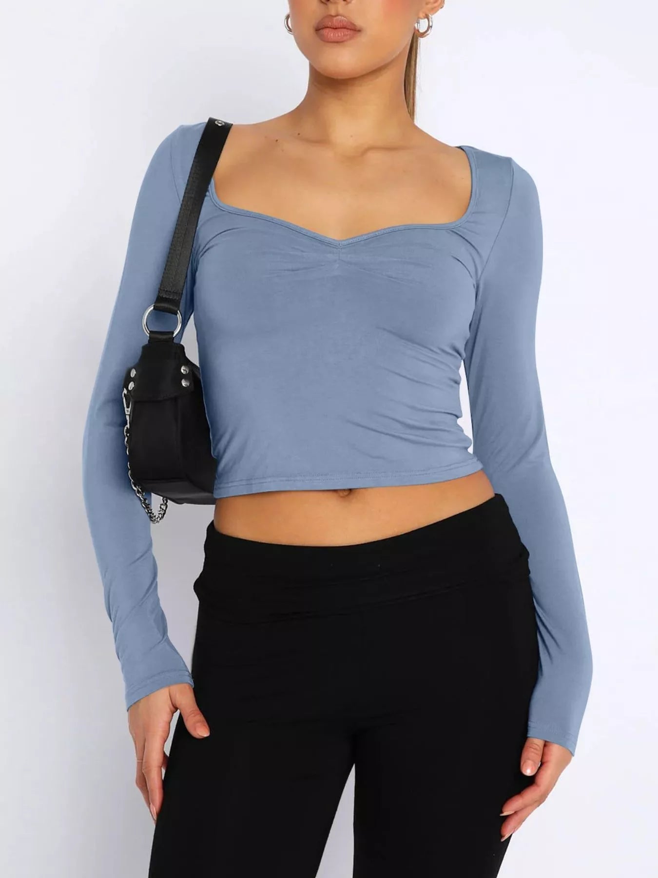 Long Sleeve Sweetheart Neck Crop T-Shirt - StyleLure