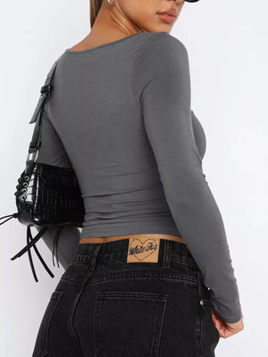 Long Sleeve Sweetheart Neck Crop T-Shirt - StyleLure