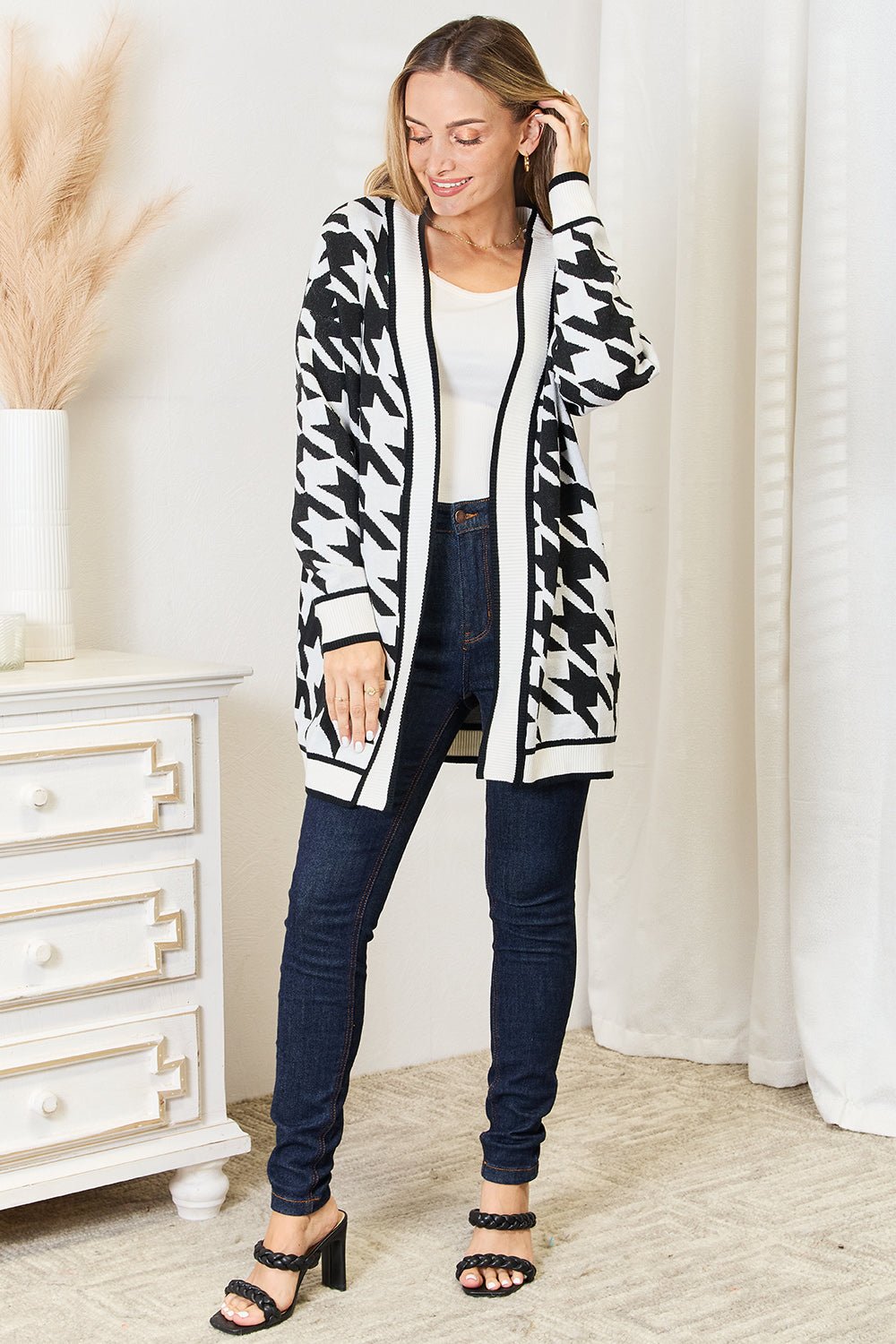 Mandy Woven Right Houndstooth Open Front Longline Cardigan - StyleLure