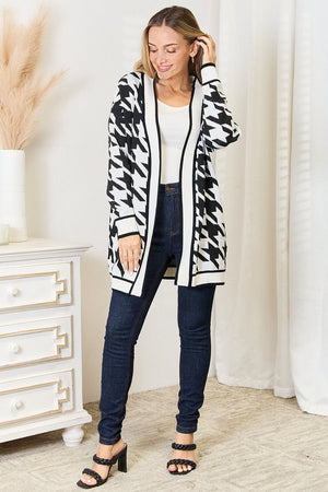 Mandy Woven Right Houndstooth Open Front Longline Cardigan - StyleLure