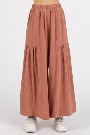Mittoshop Gauze Elastic Waist Pleated Wide Leg Pants - StyleLure