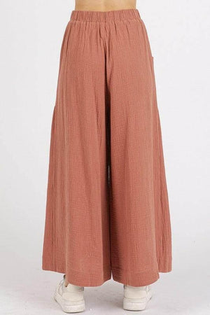 Mittoshop Gauze Elastic Waist Pleated Wide Leg Pants - StyleLure