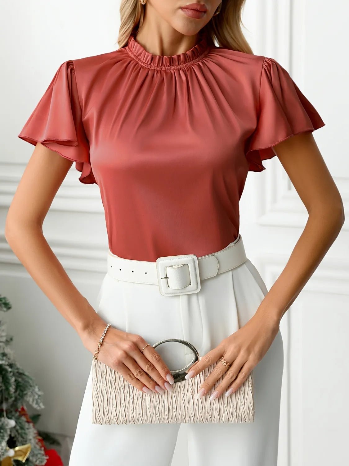 Mock Neck Flutter Sleeve Blouse - StyleLure