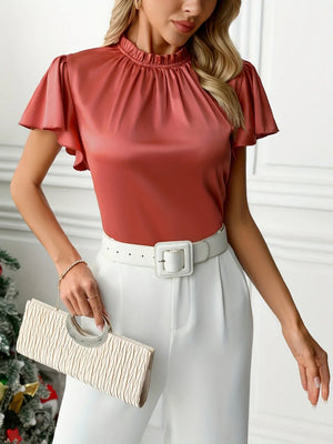 Mock Neck Flutter Sleeve Blouse - StyleLure