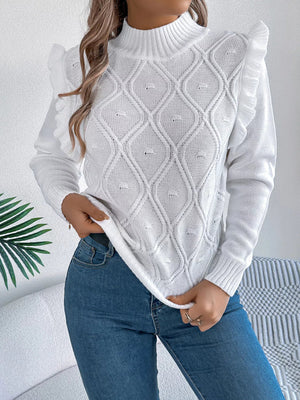 Mock Neck Ruffle Trim Long Sleeve Sweater - StyleLure