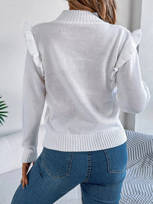 Mock Neck Ruffle Trim Long Sleeve Sweater - StyleLure