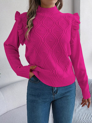 Mock Neck Ruffle Trim Long Sleeve Sweater - StyleLure