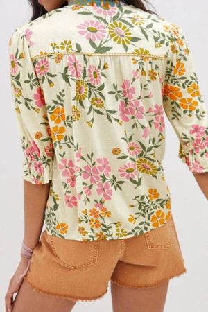 Multicolour Crochet V Neck Half Sleeve Boho Floral Blouse - StyleLure