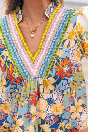 Multicolour Crochet V Neck Half Sleeve Boho Floral Blouse - StyleLure
