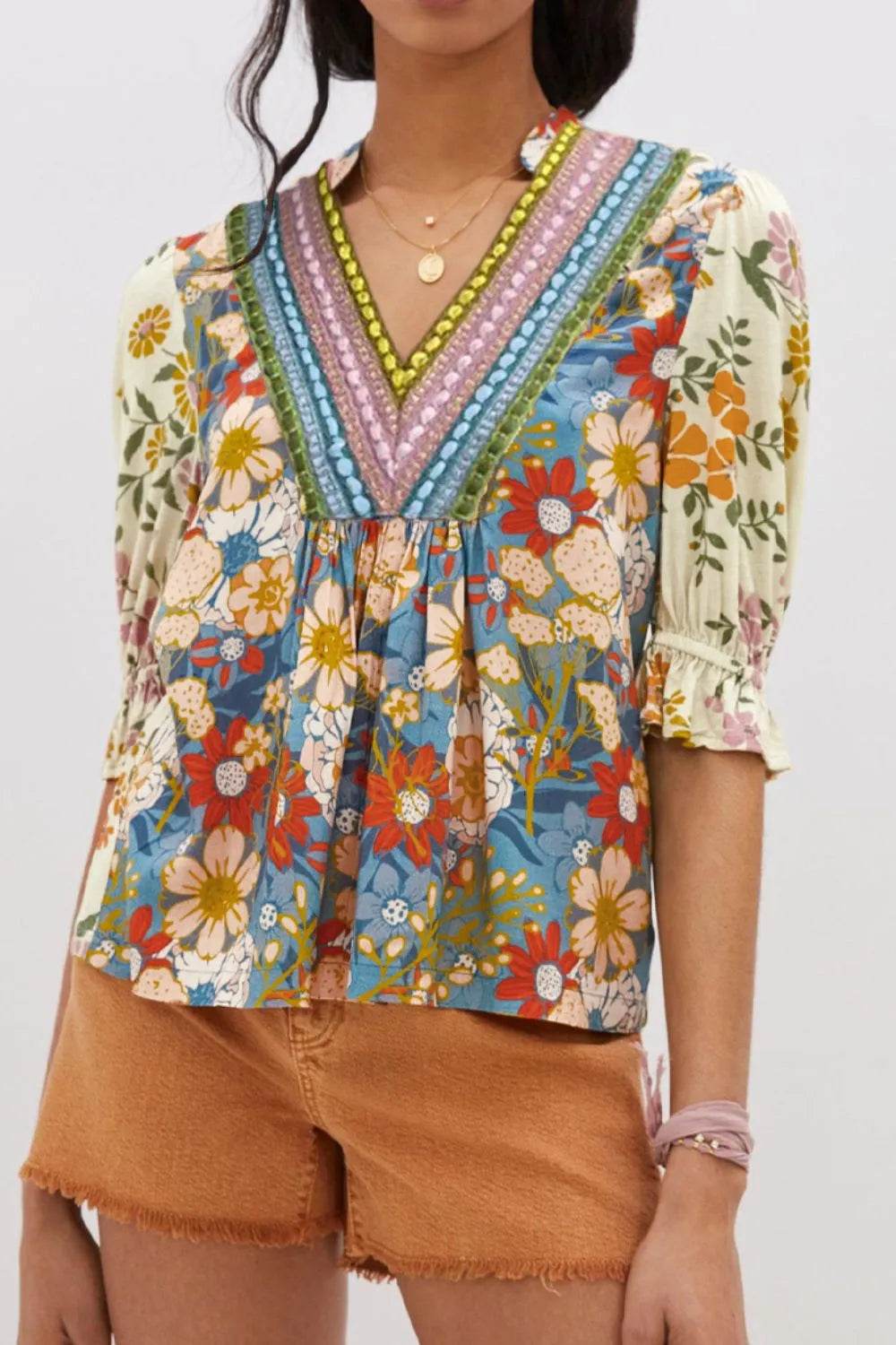 Multicolour Crochet V Neck Half Sleeve Boho Floral Blouse - StyleLure