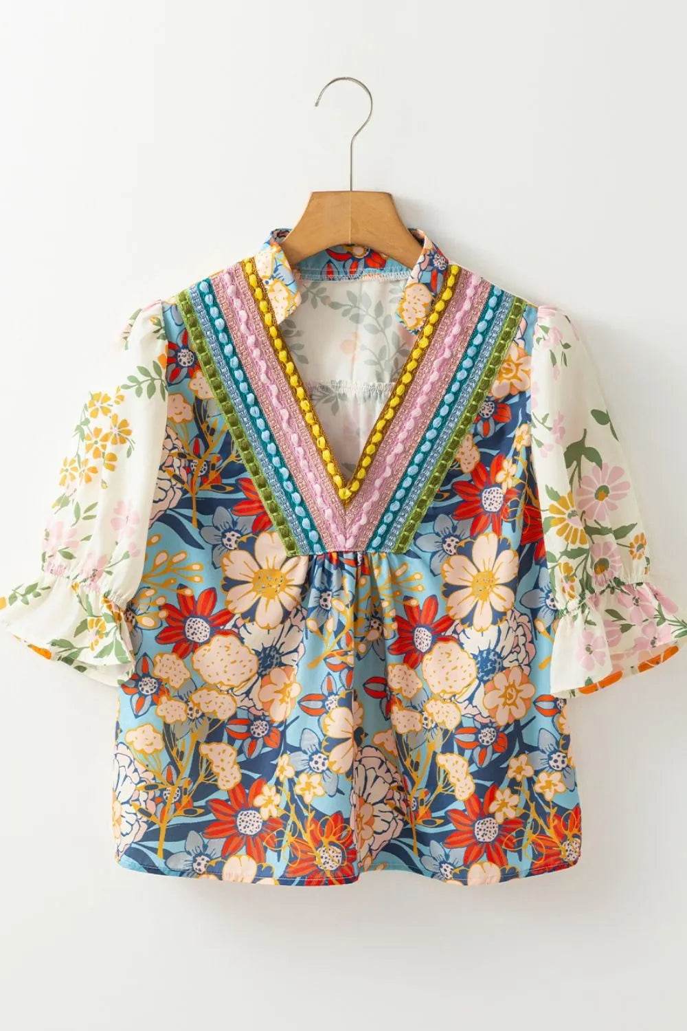 Multicolour Crochet V Neck Half Sleeve Boho Floral Blouse - StyleLure
