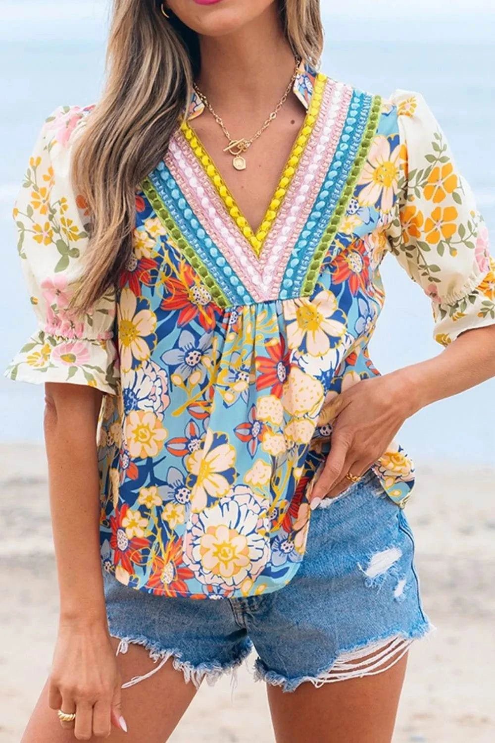 Multicolour Crochet V Neck Half Sleeve Boho Floral Blouse - StyleLure