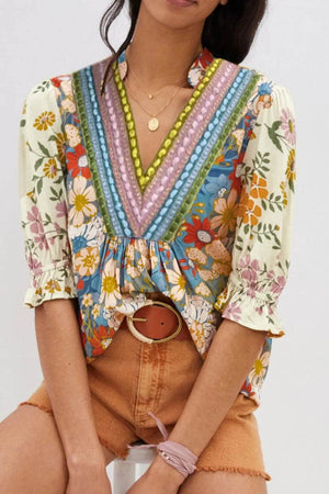 Multicolour Crochet V Neck Half Sleeve Boho Floral Blouse - StyleLure