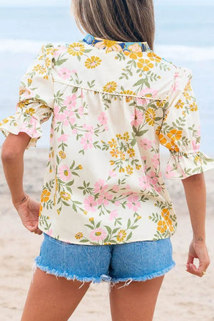 Multicolour Crochet V Neck Half Sleeve Boho Floral Blouse - StyleLure