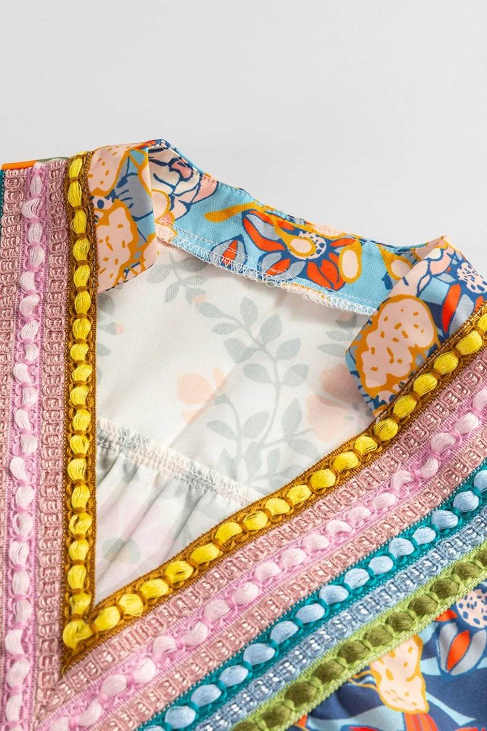 Multicolour Crochet V Neck Half Sleeve Boho Floral Blouse - StyleLure