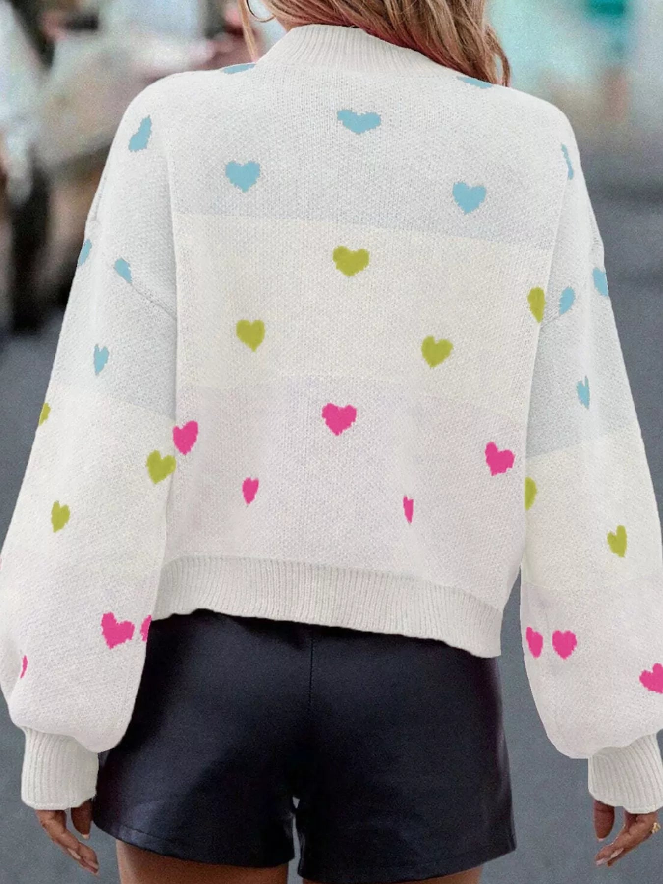 Multicolour Heart Pattern Dropped Shoulder Sweater - StyleLure