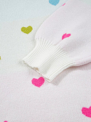 Multicolour Heart Pattern Dropped Shoulder Sweater - StyleLure