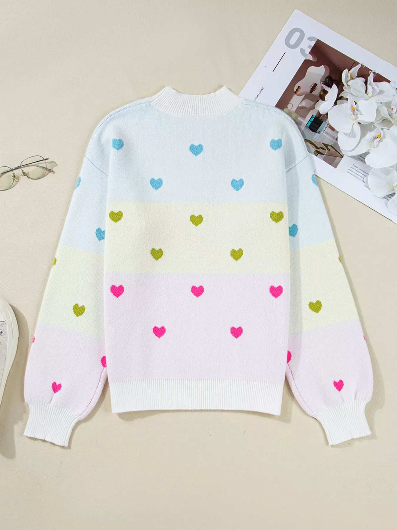 Multicolour Heart Pattern Dropped Shoulder Sweater - StyleLure