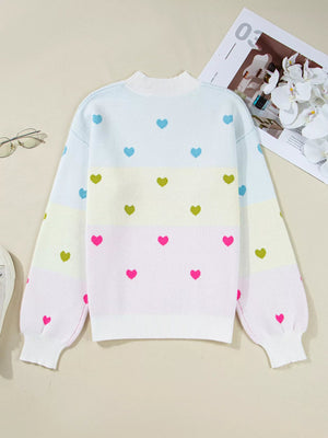 Multicolour Heart Pattern Dropped Shoulder Sweater - StyleLure