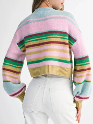 Multicolour Striped Knit Ribbed Trim Boxy Fit Cropped Sweater - StyleLure