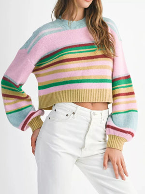 Multicolour Striped Knit Ribbed Trim Boxy Fit Cropped Sweater - StyleLure