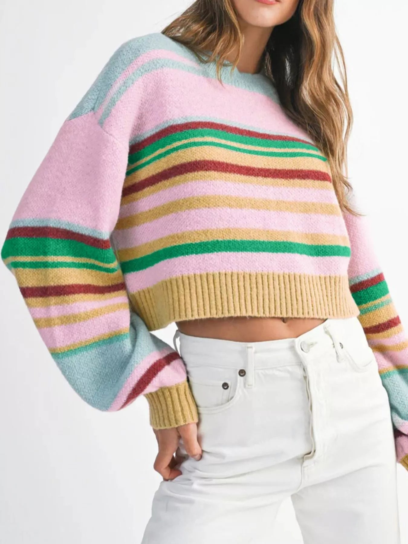 Multicolour Striped Knit Ribbed Trim Boxy Fit Cropped Sweater - StyleLure
