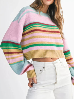 Multicolour Striped Knit Ribbed Trim Boxy Fit Cropped Sweater - StyleLure