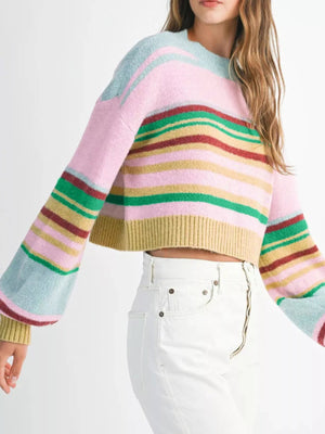 Multicolour Striped Knit Ribbed Trim Boxy Fit Cropped Sweater - StyleLure