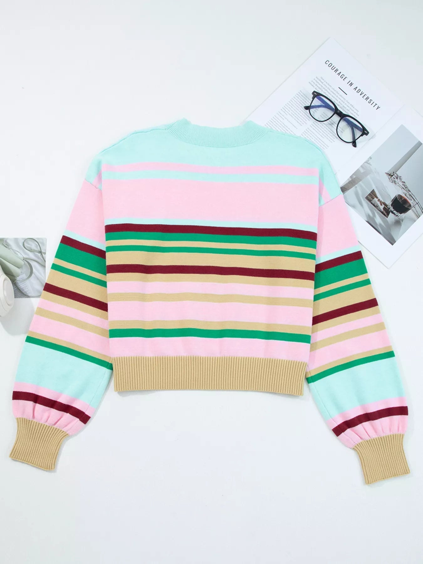 Multicolour Striped Knit Ribbed Trim Boxy Fit Cropped Sweater - StyleLure