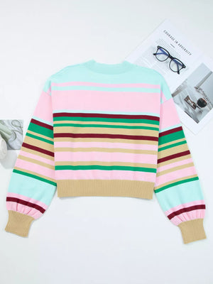 Multicolour Striped Knit Ribbed Trim Boxy Fit Cropped Sweater - StyleLure
