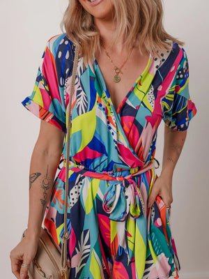 Multicolour Tropical Printed Surplice Neck Tie Waist Romper - StyleLure