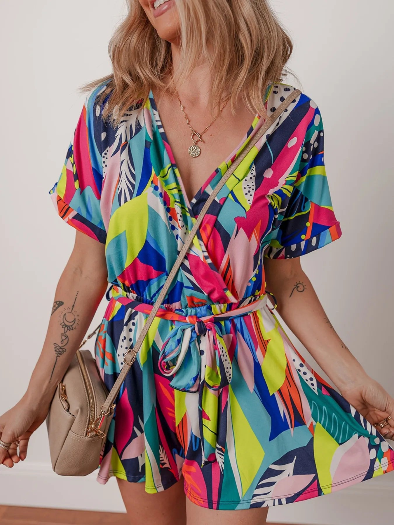 Multicolour Tropical Printed Surplice Neck Tie Waist Romper - StyleLure