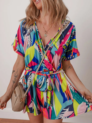 Multicolour Tropical Printed Surplice Neck Tie Waist Romper - StyleLure