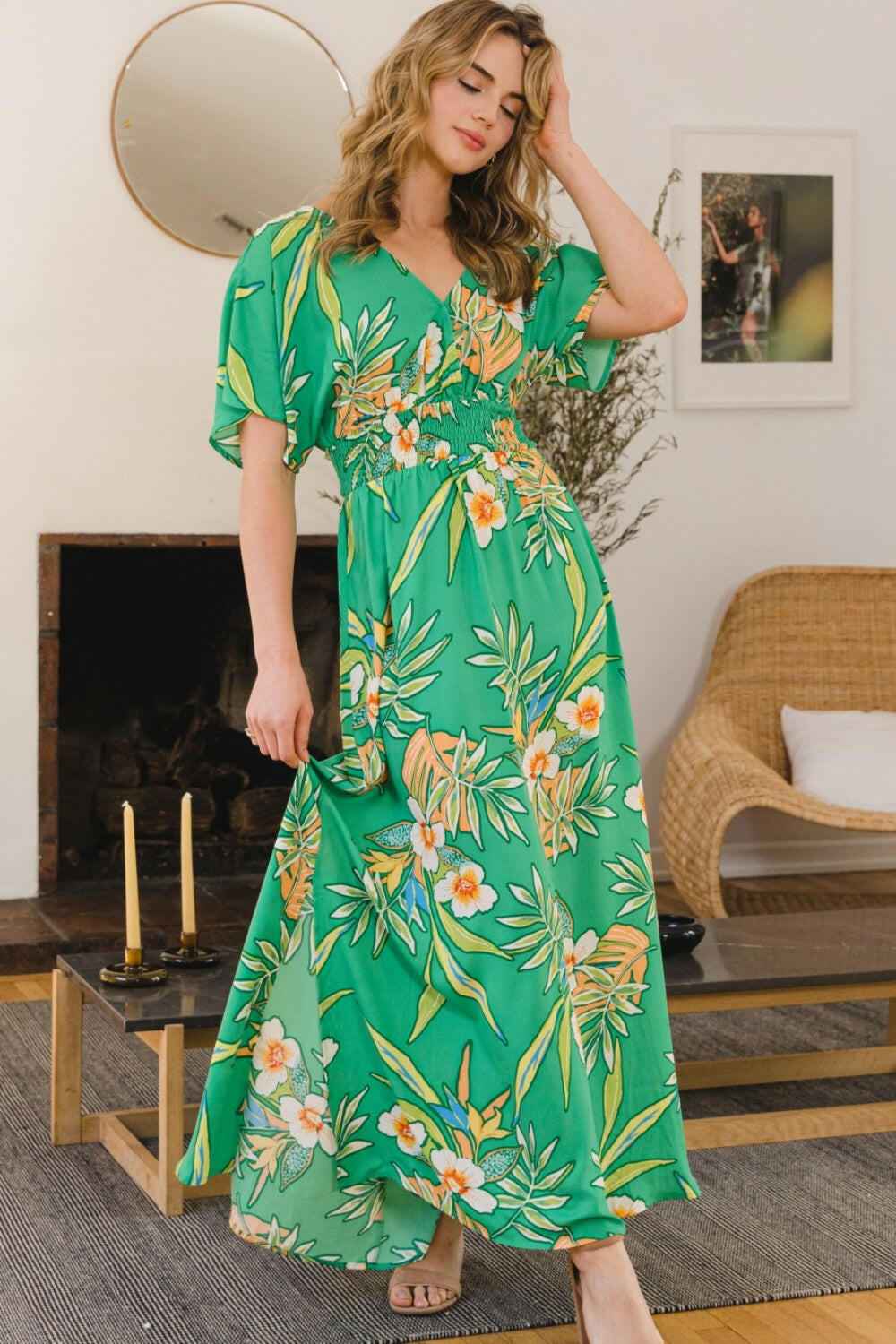 ODDI Full Size Floral Smocked Tied Back Maxi Dress - StyleLure