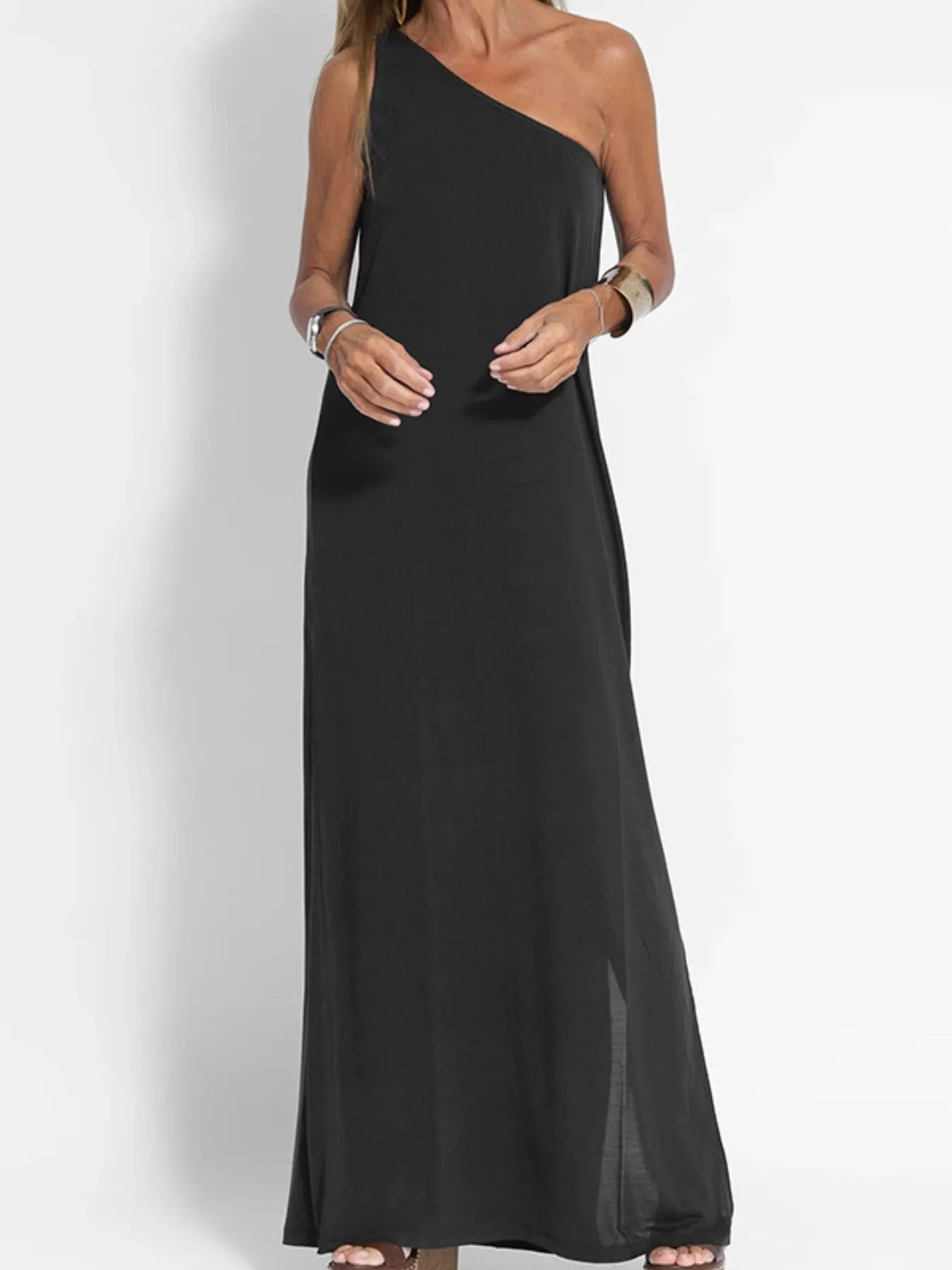 One - Shoulder Maxi Dress with Side Slit - StyleLure