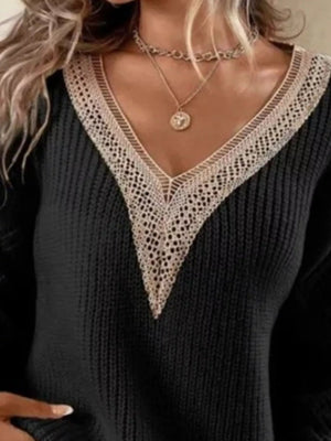 Openwork V - Neck Long Sleeve Sweater - StyleLure
