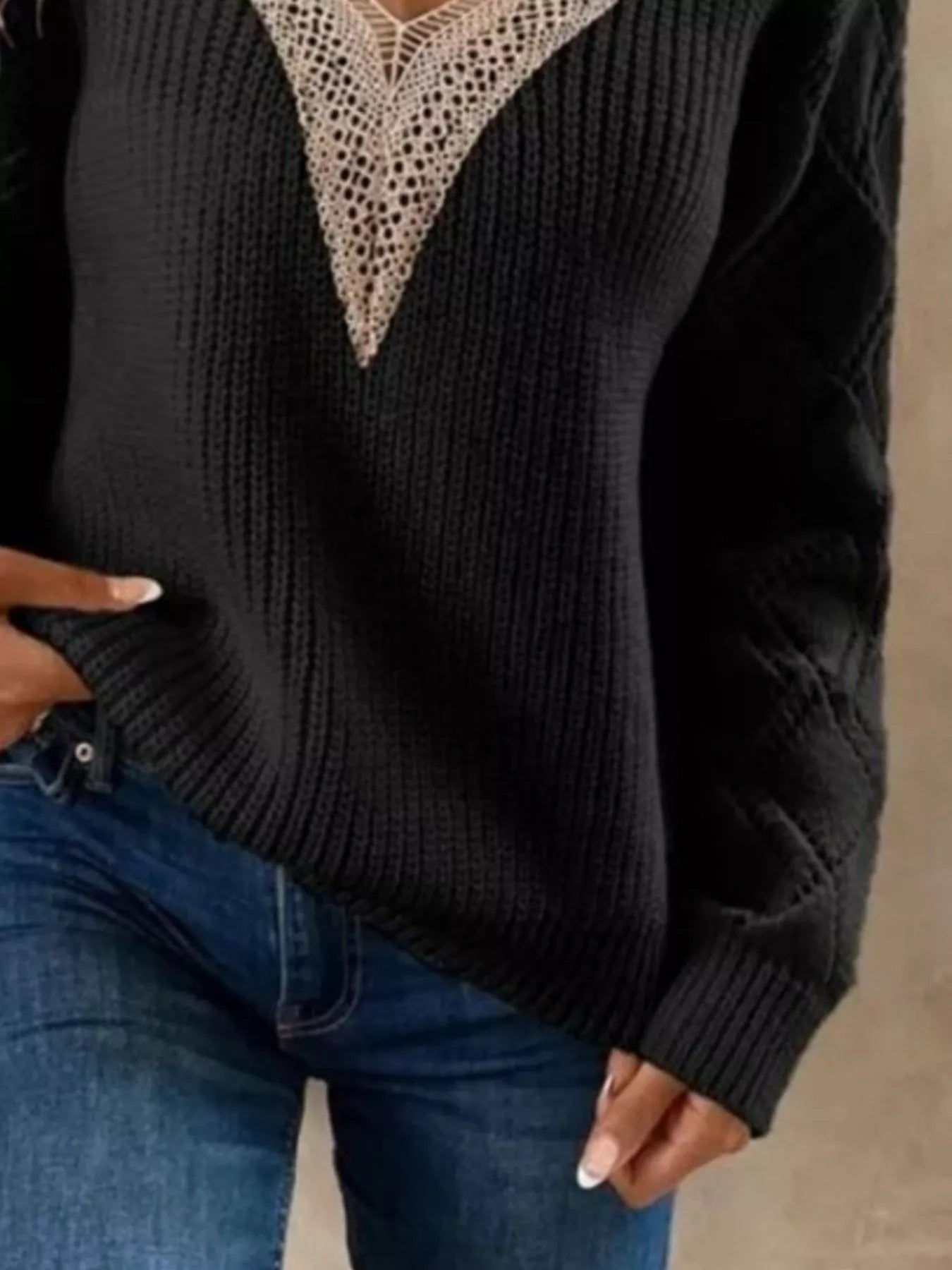 Openwork V - Neck Long Sleeve Sweater - StyleLure