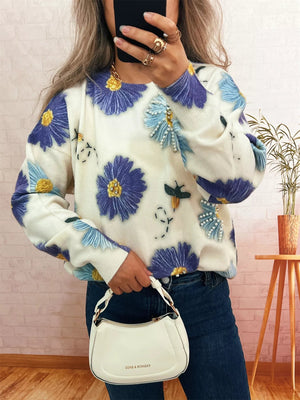 Pearl Detail Flower Round Neck Sweater - StyleLure