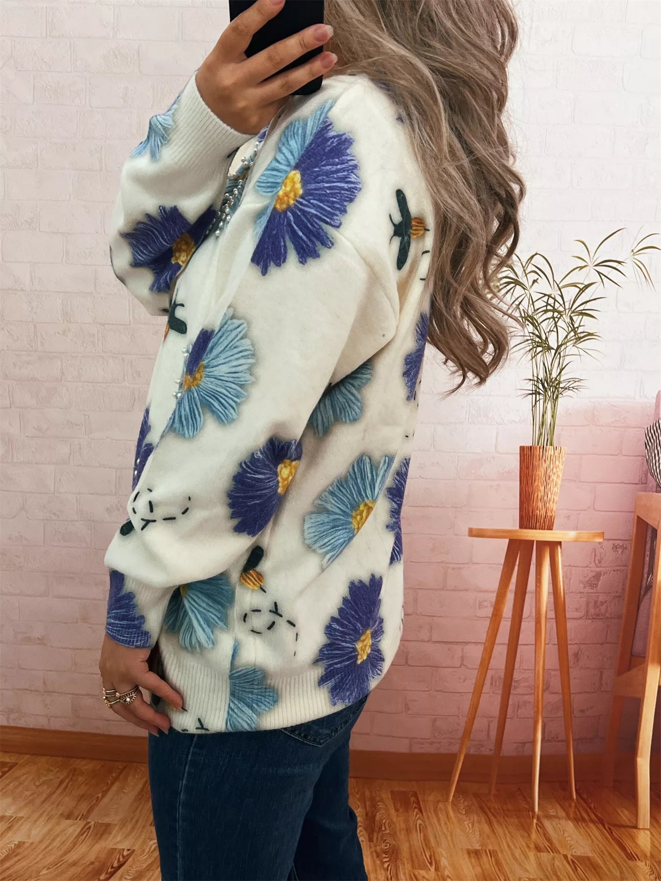 Pearl Detail Flower Round Neck Sweater - StyleLure
