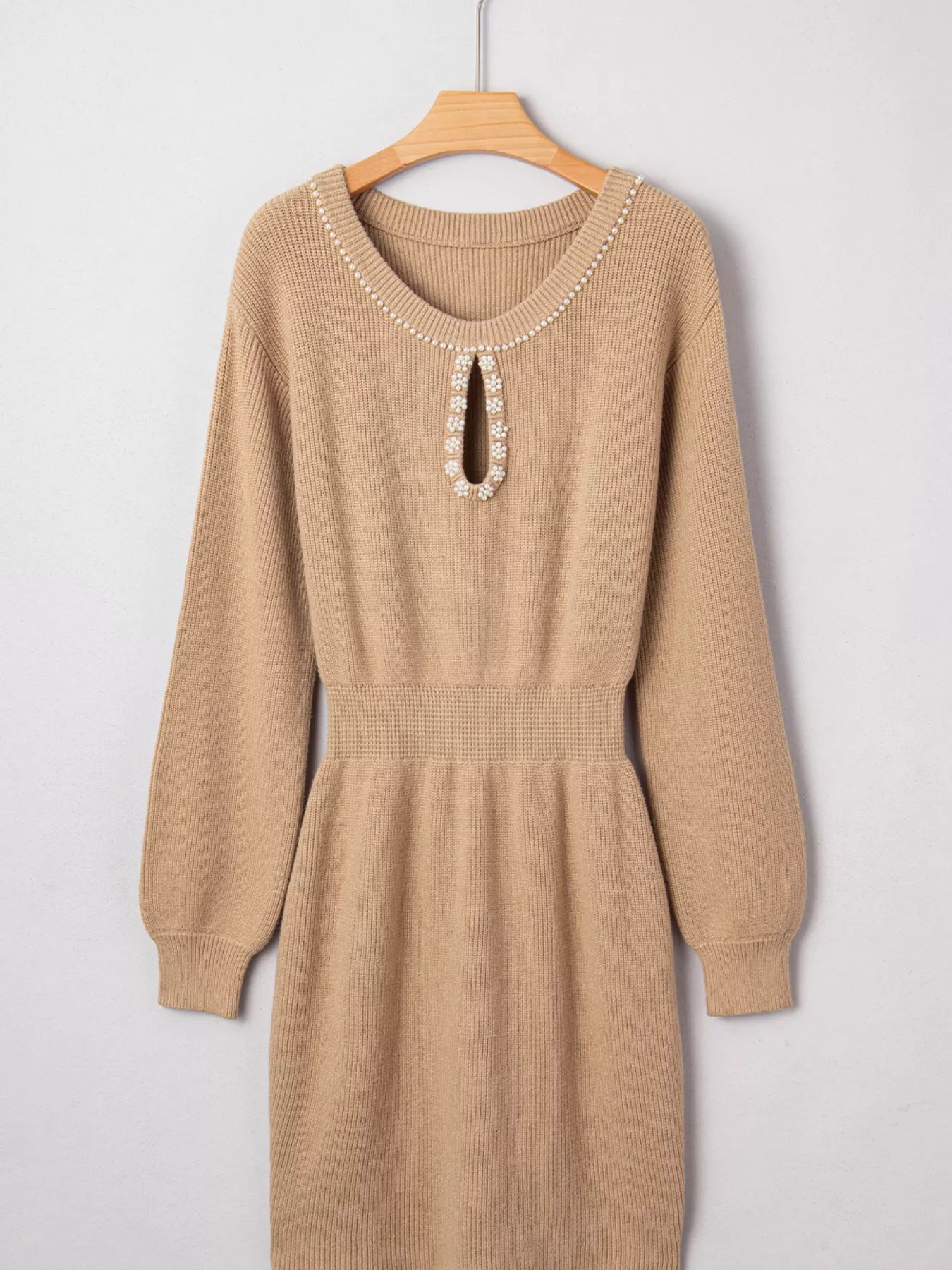 Pearl Embellished Keyhole Ribbed Sweater Dress - StyleLure