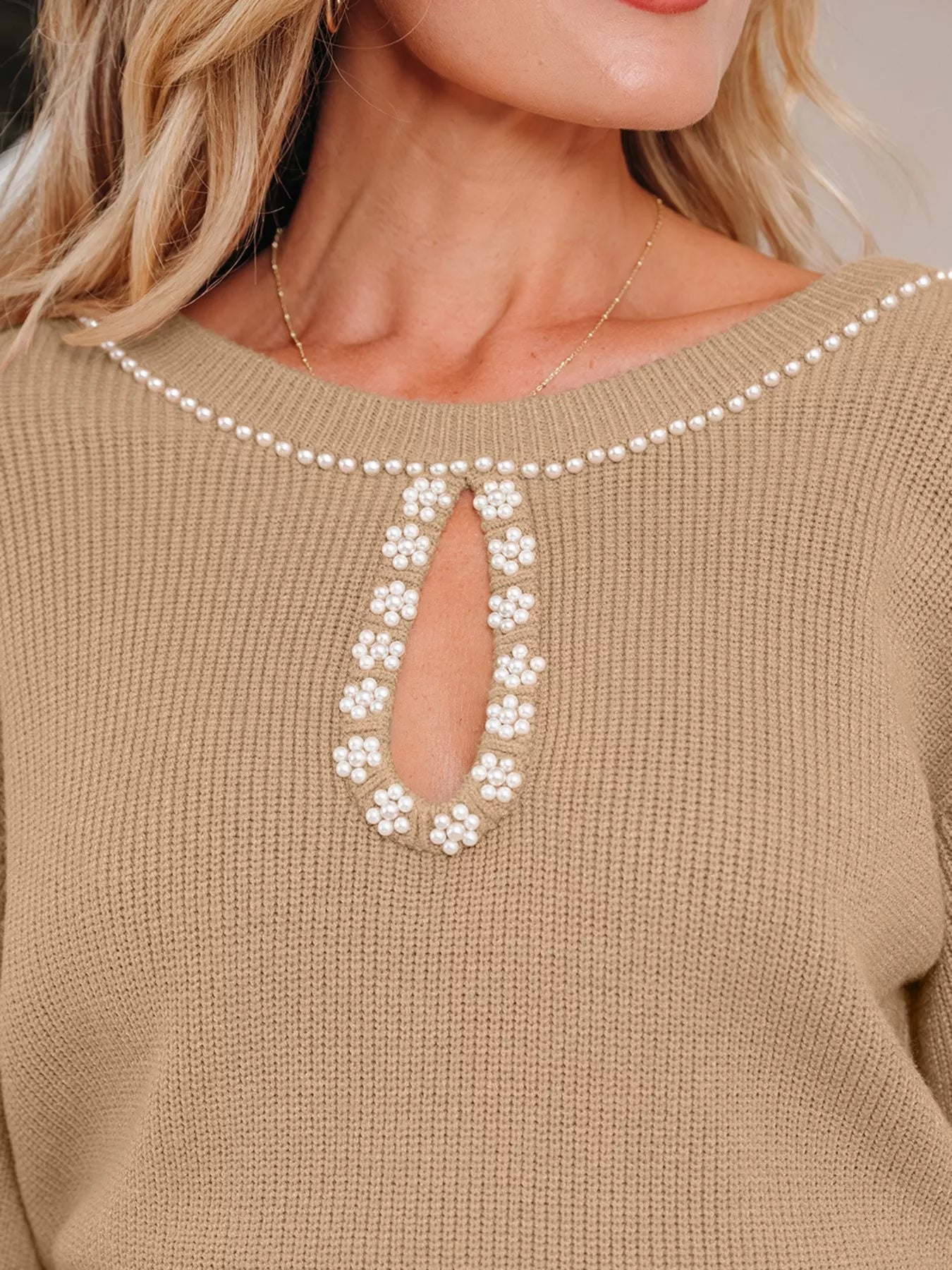 Pearl Embellished Keyhole Ribbed Sweater Dress - StyleLure