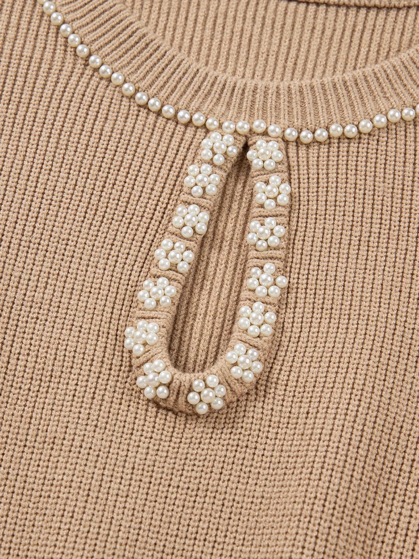 Pearl Embellished Keyhole Ribbed Sweater Dress - StyleLure