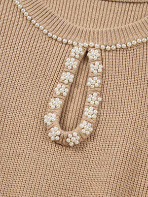 Pearl Embellished Keyhole Ribbed Sweater Dress - StyleLure