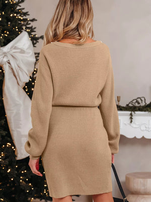 Pearl Embellished Keyhole Ribbed Sweater Dress - StyleLure