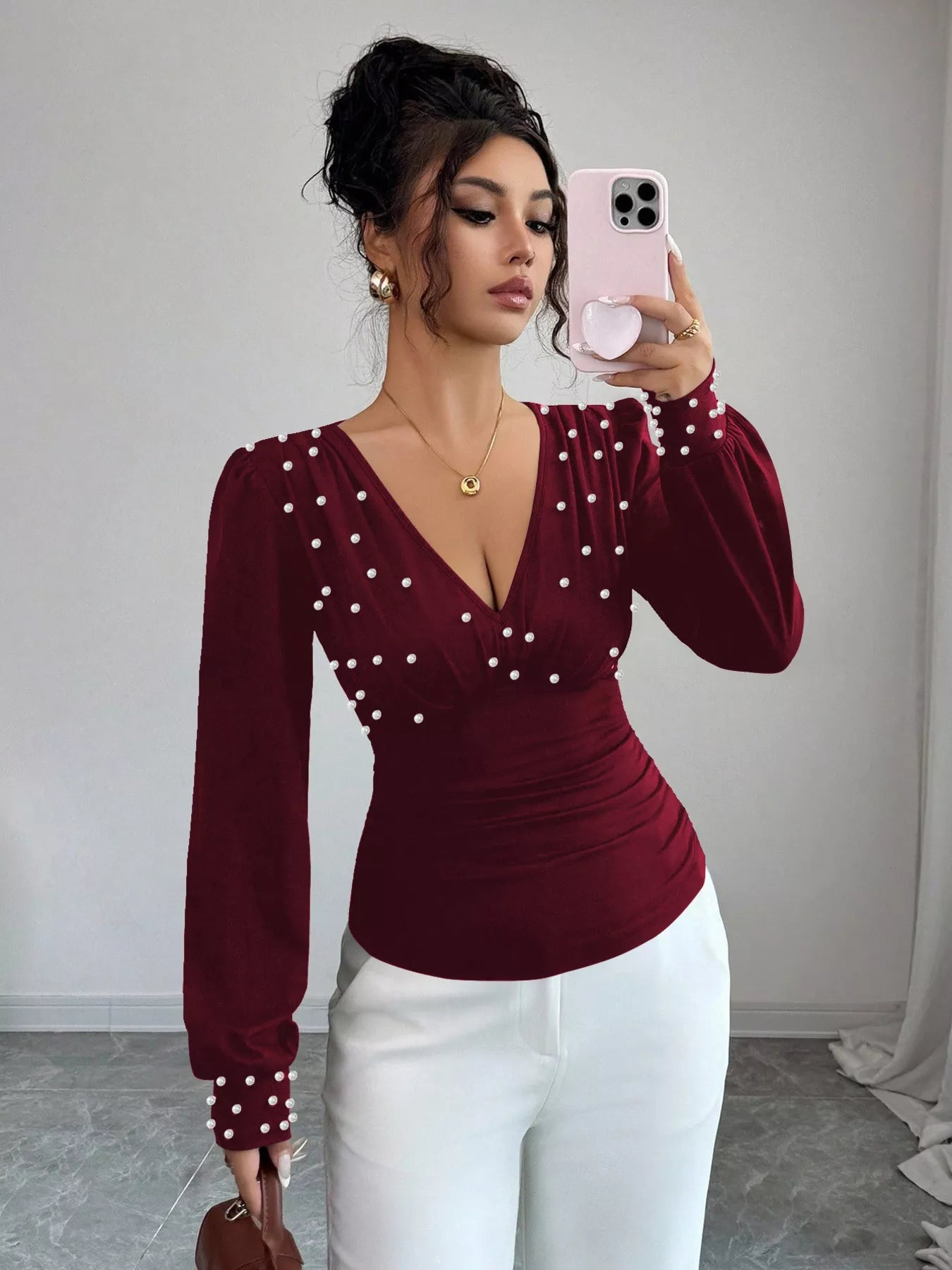 Pearl Embellished V - Neck Blouse - StyleLure