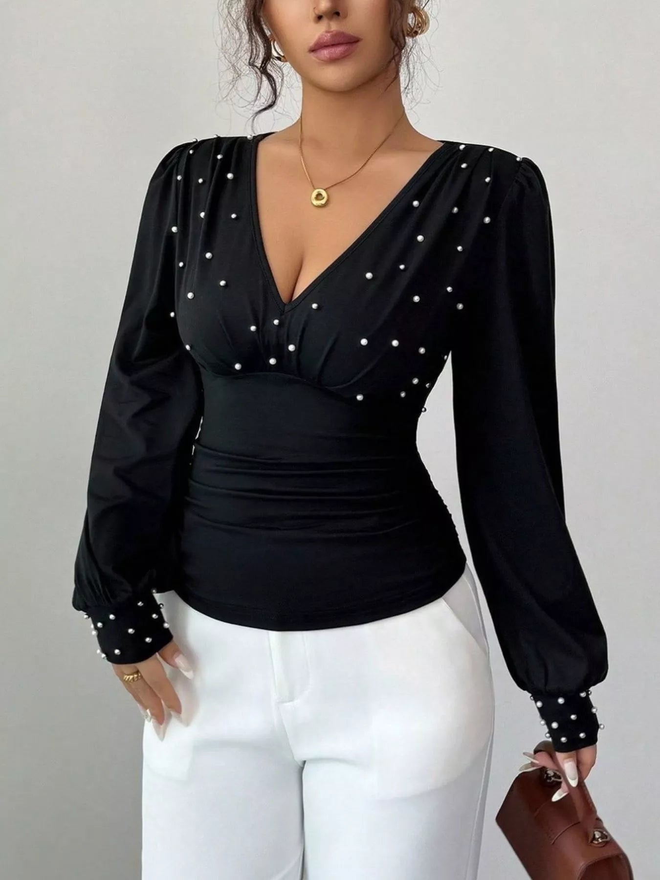 Pearl Embellished V - Neck Blouse - StyleLure