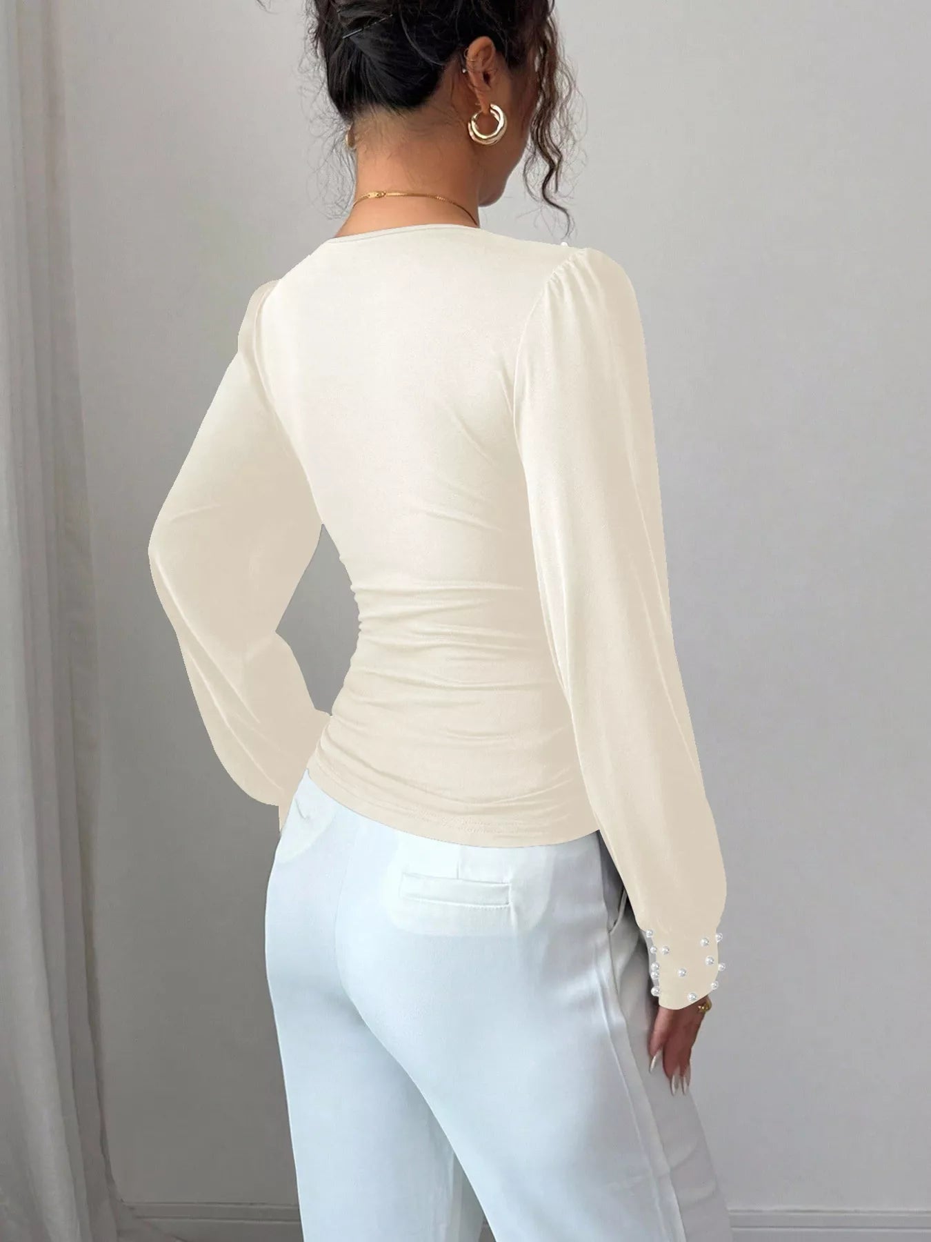 Pearl Embellished V - Neck Blouse - StyleLure