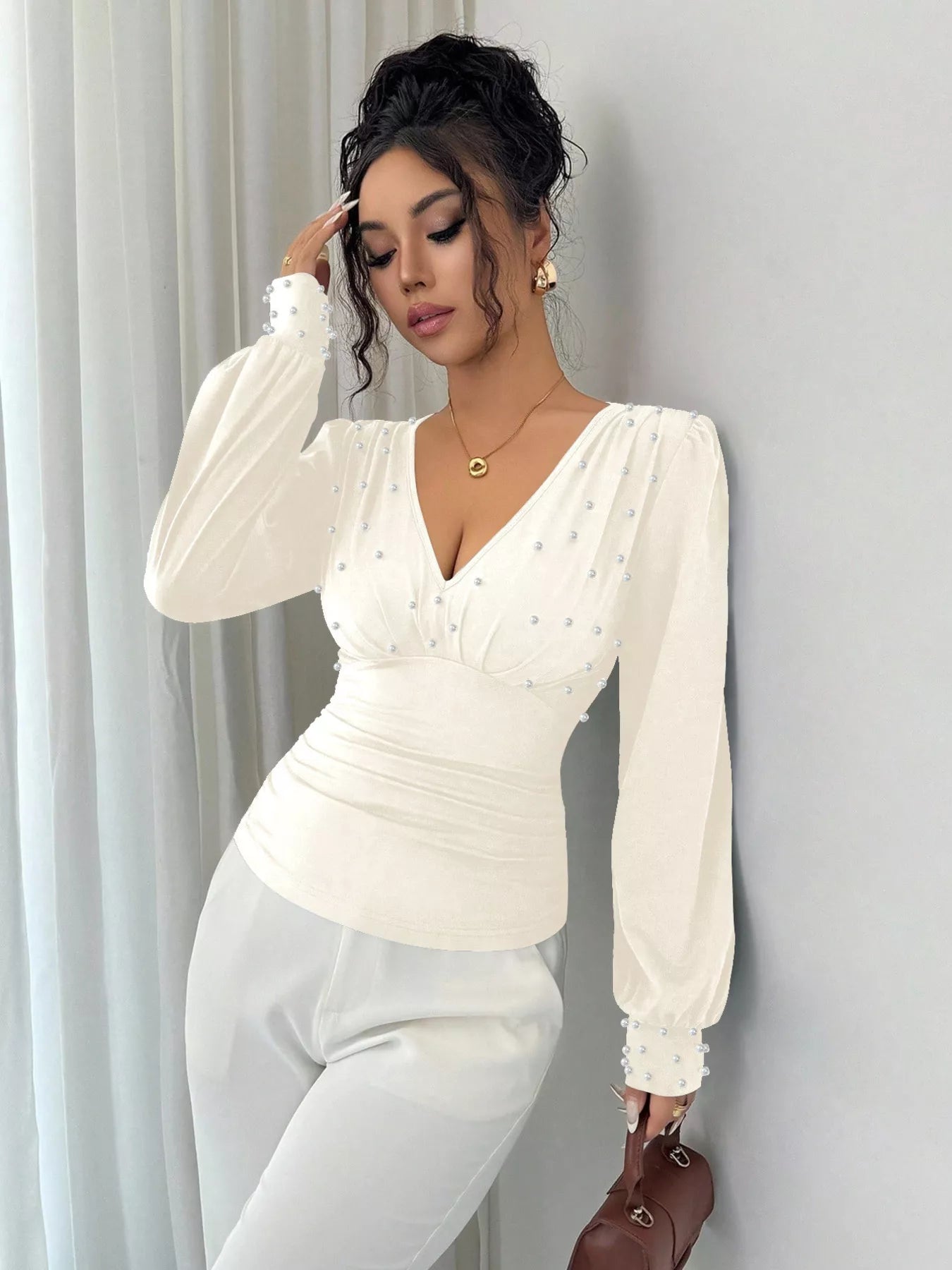 Pearl Embellished V - Neck Blouse - StyleLure