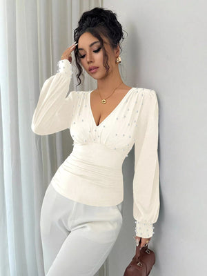 Pearl Embellished V - Neck Blouse - StyleLure